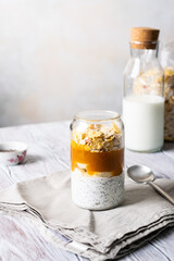 granola with yoghurt and fruit puree in a glass glass