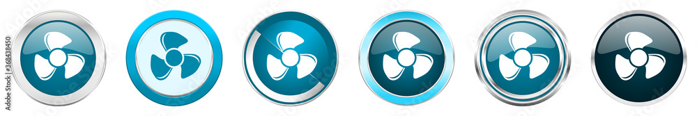 Poster Fan silver metallic chrome border icons in 6 options, set of web blue round buttons isolated on white background