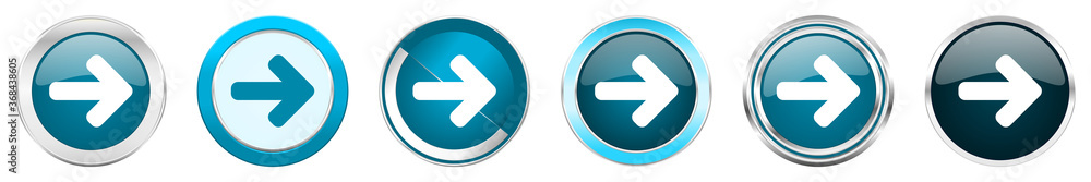 Poster Right arrow silver metallic chrome border icons in 6 options, set of web blue round buttons isolated on white background