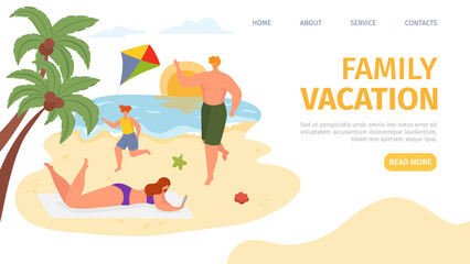 People at ocean vacation, landing page vector illustration. Summer tourism near sea, travel at tropical cartoon beach concept. Flat fun holiday with family, sand shore template design.