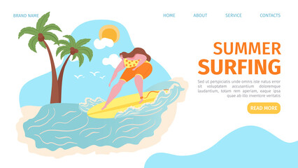 Obraz na płótnie Canvas Summer wave sport, woman at beach surfing vector illustration. Ocean surf vacation, travel at sea by board landing banner page. Cartoon surfboard in water, tropical template background design.
