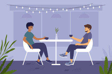 Two handsome men different ethnicities sit at cafe or restaurant and drink coffee. Couple guys spend time together. Meeting friends. Romantic date of partners. Leisure activities vector illustration 