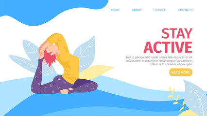 Yoga lifestyle sport, vector illustration. Woman character do exercise, flat girl person activity with asana pose and meditation. Heath balance and workout active female training, body relaxation.