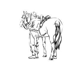 A Horseman and a Horse. Young Ranger Man. Freehand Monochrome Drawing of Animal and People. Linear Graphic. Realistic Pen Drawing Imitation. Vector Illustration. Mounted Constabulary. Animal Art