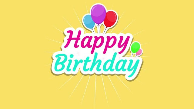 Happy birthday text with balloons on yellow background 4K animation video