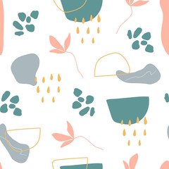 Organic shapes seamless pattern. Unique hand drawn abstract shapes texture. Memphis style background. Minimal stylish cover template in pastel colors. Social media stories. Vector illustration