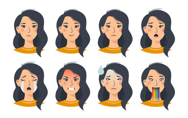 Cartoon flat set of Asian woman emoji emotions. Isolated female oriental avatars with different facial expressions on a white background. Vector illustration for stickers or social networks.