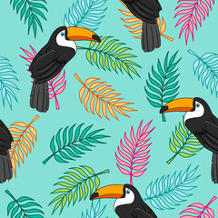 Tropical seamless pattern with toucans and colorful palm tree leaves on turquoise background. Great for wallpaper, backgrounds, invitations, packaging, design projects, textile scrapbooking
