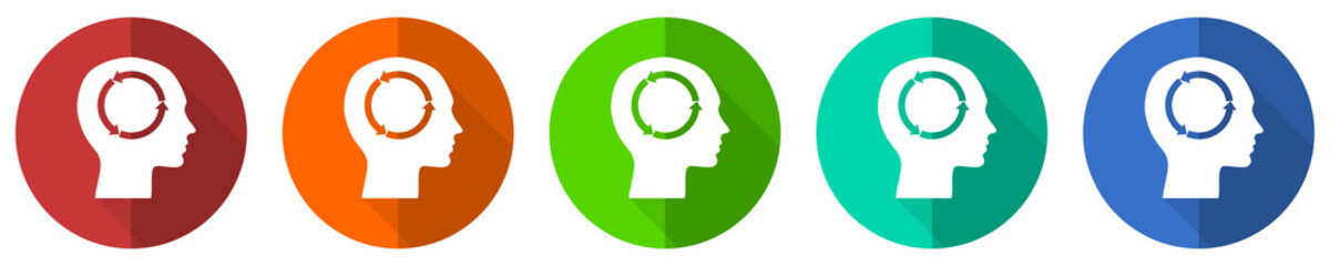 Head icon set, red, blue, green and orange flat design web buttons isolated on white background, vector illustration