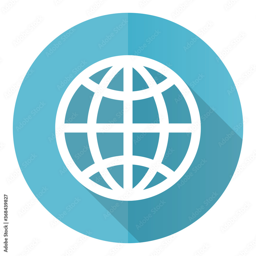 Poster globe vector icon, earth, world flat design blue round web button isolated on white background