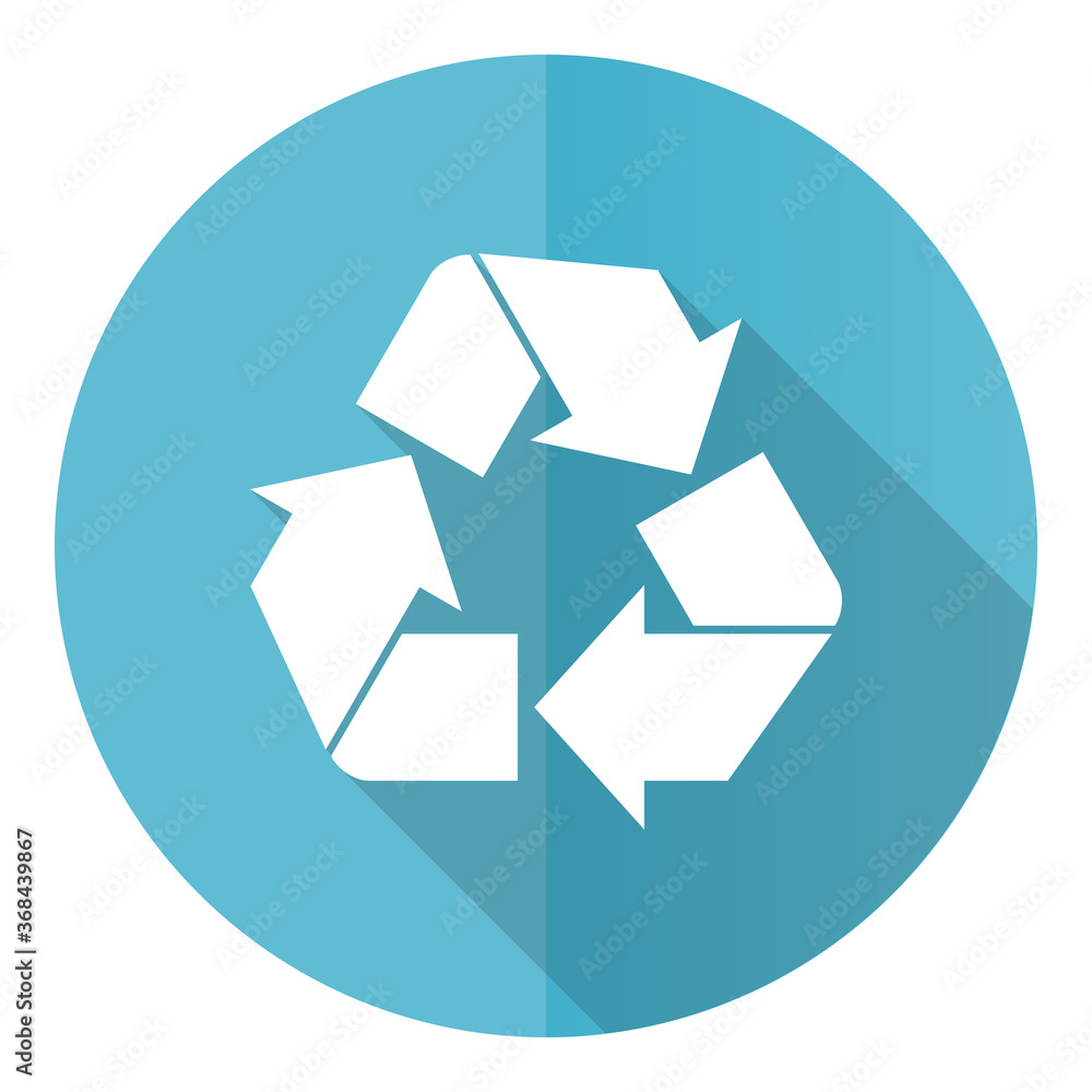 Poster recycle vector icon, flat design blue round web button isolated on white background