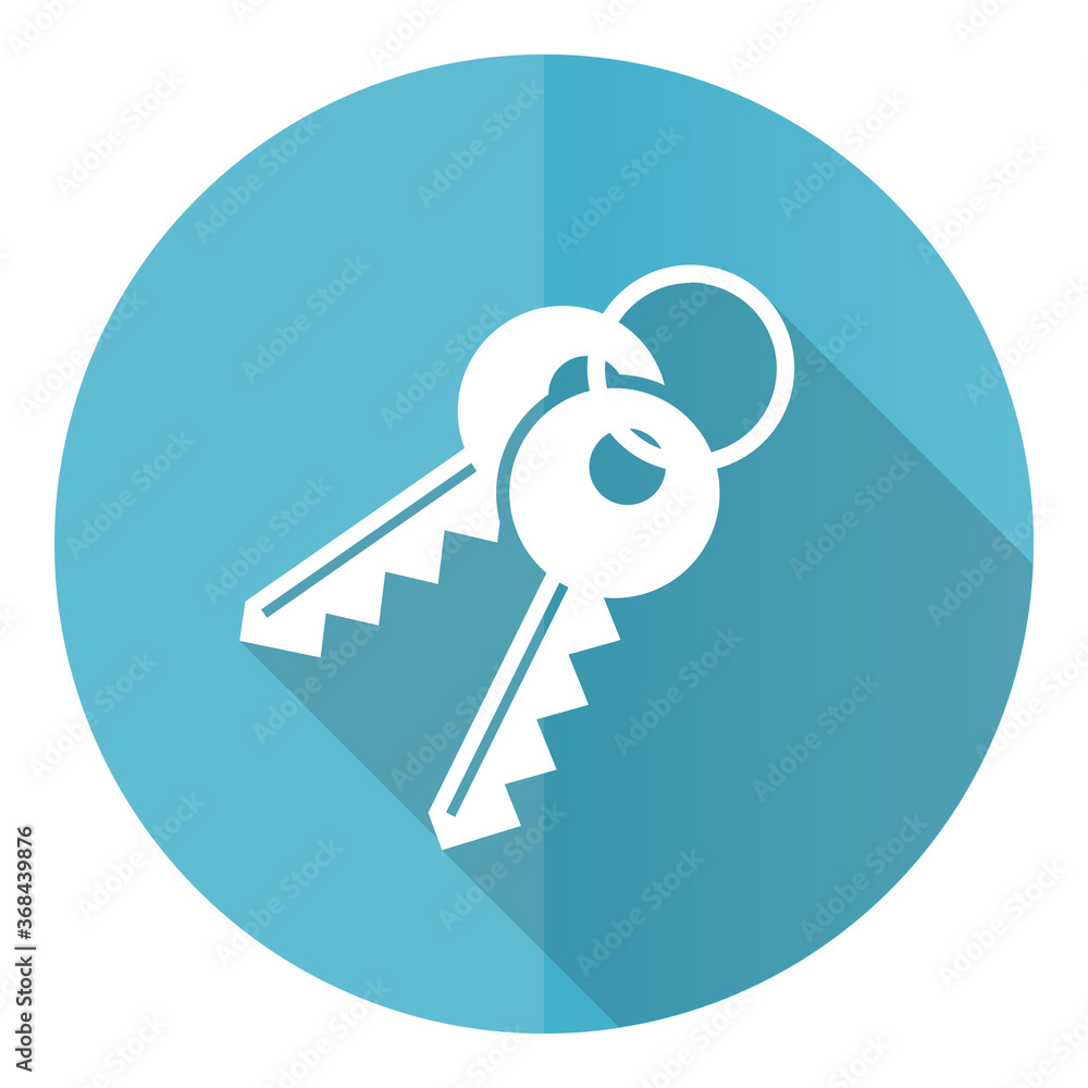 Poster keys vector icon, flat design blue round web button isolated on white background
