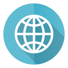 Globe vector icon, earth, world flat design blue round web button isolated on white background