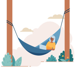 Senior elderly woman lies with laptop on hammock