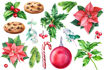 Christmas symbol, decorative elements. Watercolor poinsettia flowers, holly branches, lollipop, cookies, balls