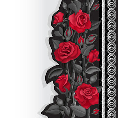Black card with red and black roses and silver chains