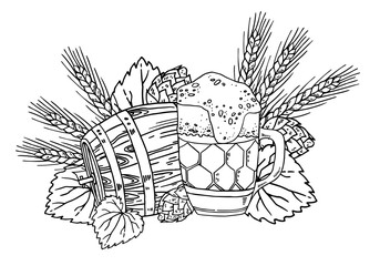 Beer mug and cask with hop and wheat plants on the background. Hand drawn outline vector sketch illustration on white background