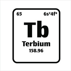 Terbium (Tb) button on black and white background on the periodic table of elements with atomic number or a chemistry science concept or experiment.	