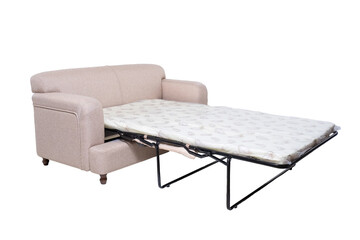 modern grey fabric sofa with extended mattress for sleeping isolated on white background, side view. contemporary couch, furniture in minimal style, interior, home design