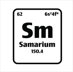 Samarium (Sm) button on black and white background on the periodic table of elements with atomic number or a chemistry science concept or experiment.	