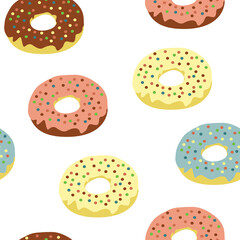 seamless pattern with multicolored donuts. Flat vector illustration on white isolated background.