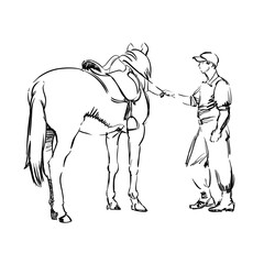 A Horseman and a Horse. Young Ranger Man. Freehand Monochrome Drawing of Animal and People. Linear Graphic. Realistic Pen Drawing Imitation. Vector Illustration. Mounted Constabulary. Animal Art