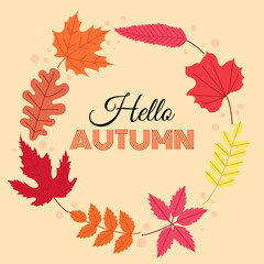 Set of different autumn foliage. Fall leaves collection. Hello autumn greeting card template. Flat style vector design
