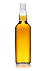 A tall bottle of golden whisky, with no label or branding, isolated on white