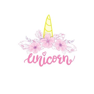 Unicorn logo with horn, ears and flowers. Great for badge, card, greeting, baby birthday party, t-shirt, banner, invitation template. Isolated on white background. Vector.