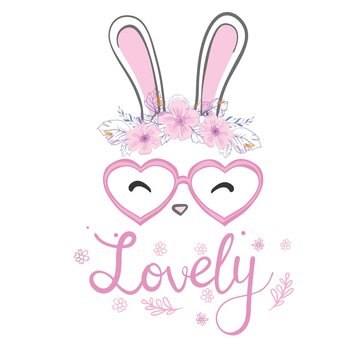 Cute easter bunny vector illustration, hand drawn face of bunny. Ears and tiny muzzle with whiskers. Isolated on white background.