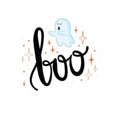 Flying ghost spirit holding bunting flag Boo. Happy Halloween. Scary white ghosts. Cute cartoon spooky character. Smiling face, hands. Orange background Greeting card. Flat design. Vector illustration