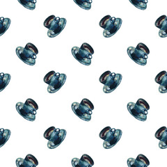 Seamless pattern of dark teal watercolor painted coffee cups with saucers, isolated on white. For wrapping paper, wallpaper, textile, stationary and packaging design.