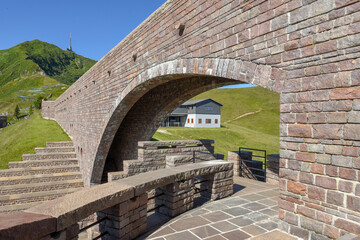 The modern church of architekt Mario Botta on mount Tamaro in the Swiss alps