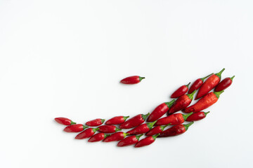 red chillies on an isolated white background with an extra chilli
