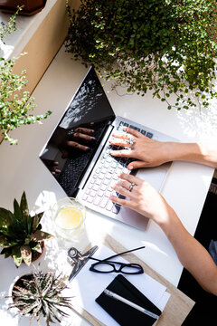 Woman's Hands On Laptop Keyboard, Cozy Workplace