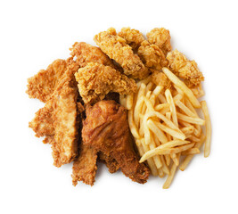 Fried chicken with frech fries, breaded drumsticks and nuggets isolated. Beer set.
