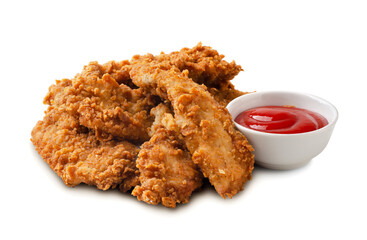 Delicious crispy fried chicken breast strips with tomato sauce isolated