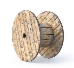 Empty wooden coil for cable. 3d illustration