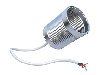 Broken communication. Metal can with cable. 3d illustration