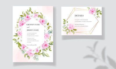 Beautiful wedding invitation template set with soft pink floral frame and border decoration