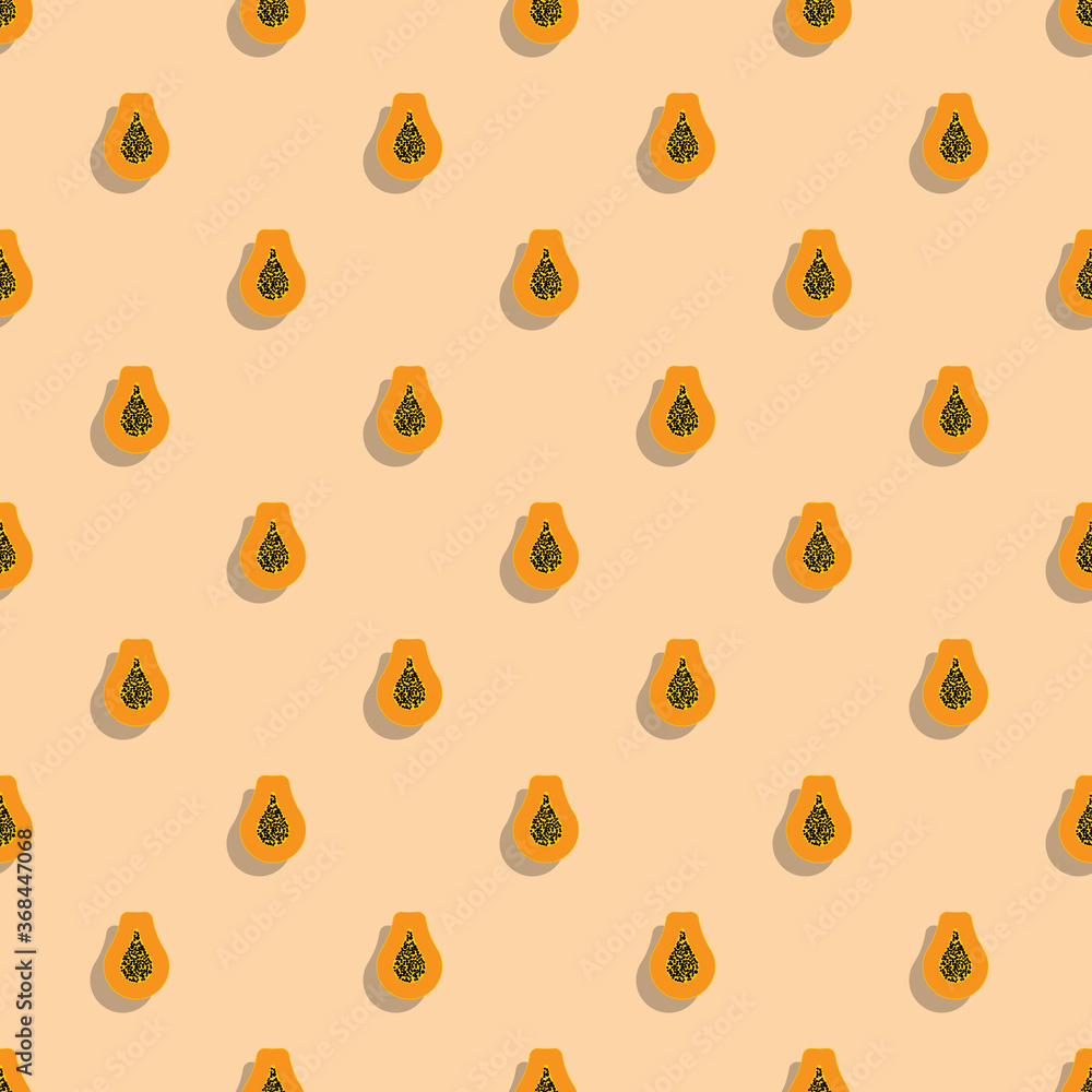 Poster flat icons of papaya fruit seamless pattern on orange background. simple stylish repeated elements f