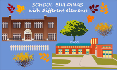 School supplies banner with school buildings, fence, autumn leaves and trees