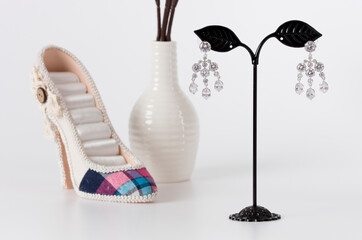 Close up of diamond earrings. space for your text.