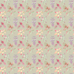 Autumn seamless pattern with rose multicolor leaves on an olive background. Watercolor illustration. Elegant and fresh design, great for textile, wallpapers, wrapping paper and stationery. 