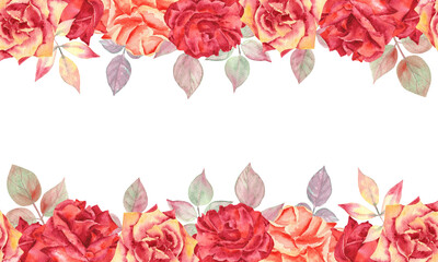 Colorful seamless border of scarlet and orange roses. Great to use for invitations, postcards, web design, stationery and any paper goods. Beautiful piece of nature. Watercolor illustration. 