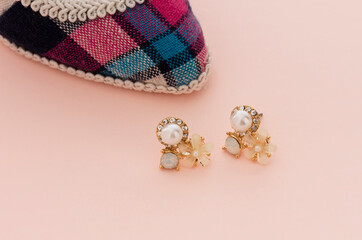 Close up of diamond earrings. space for your text.