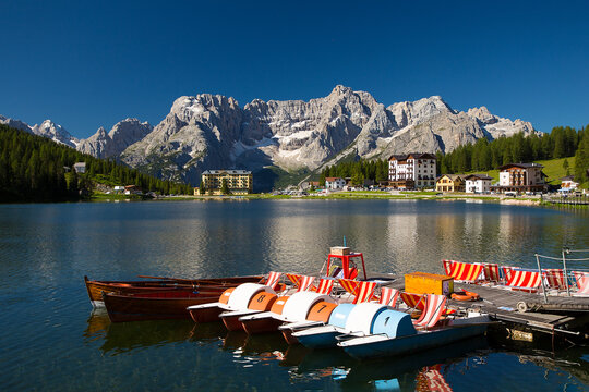 Lago di Misurina (Misurina lake) in summer on sunrise with no tourists, Dolomites, Alps, Italy