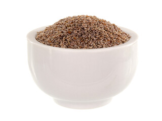 Psyllium Ovata (Ispaghula) Seed Isolated on White Background. Dietary Fiber Food Supplement.