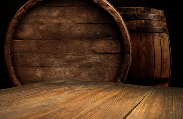 background of barrel and worn old table of wood