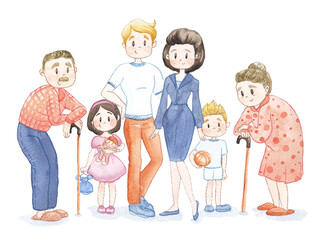 Watercolor illustration of big family with parents, children and grandparents